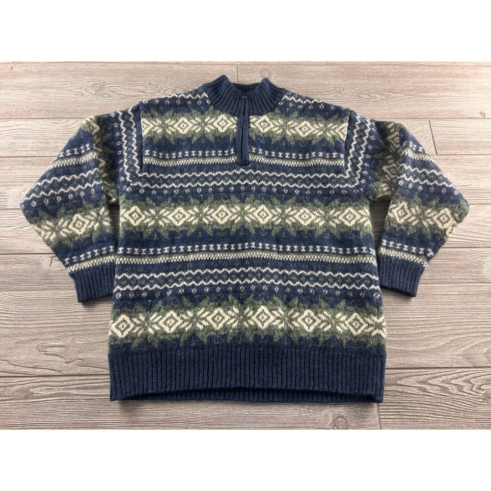 Pendleton Sweater Mens L Blue Quarter Zip Shetland Wool Fair Isle Nordic EUC